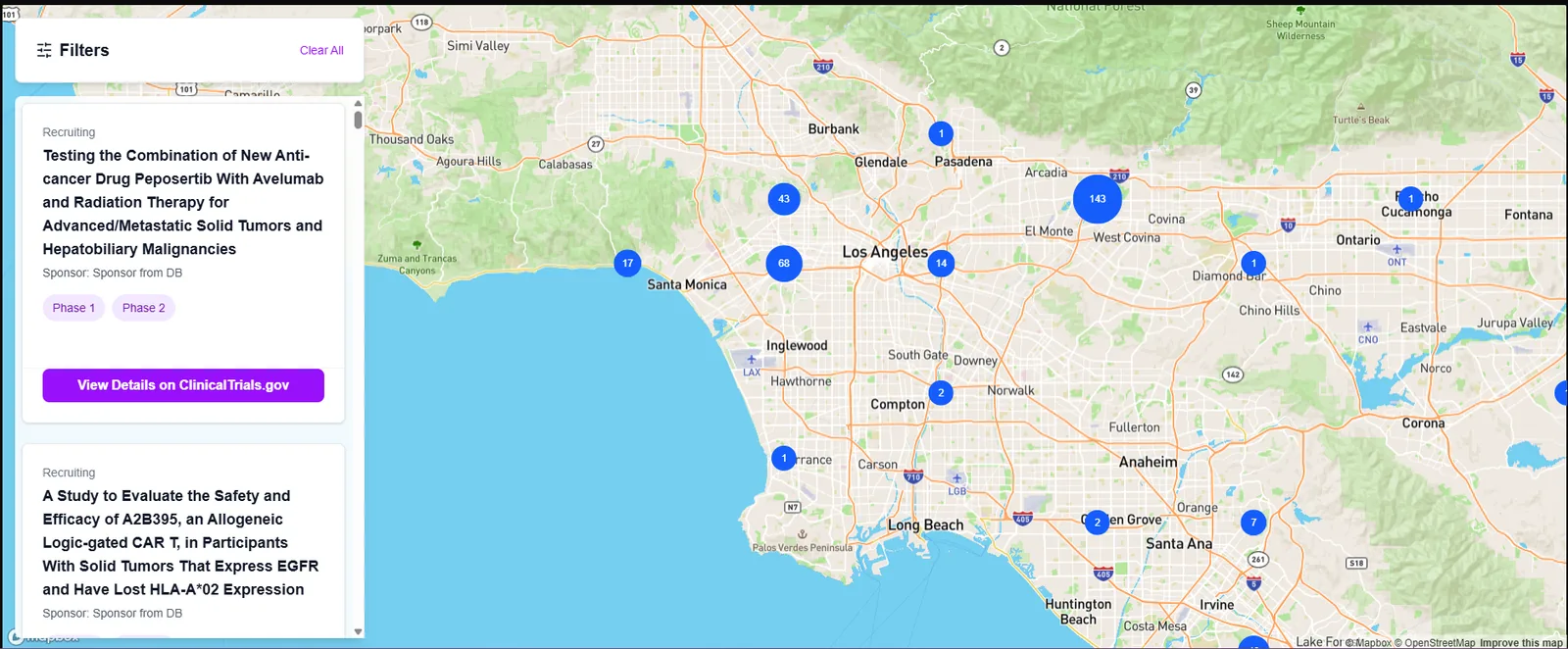 Map-based clinical trials search interface